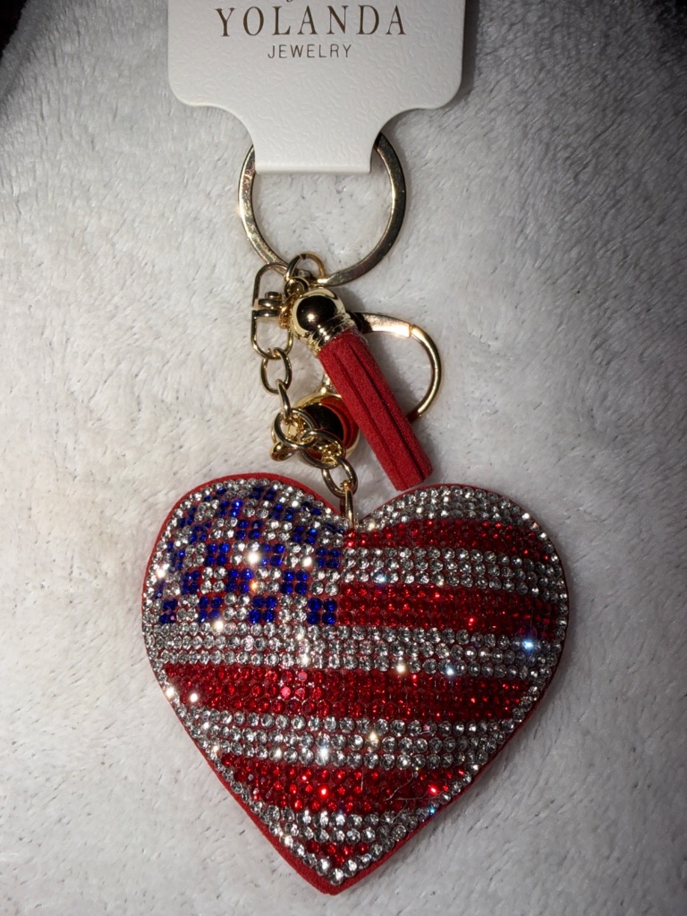 Yolanda Red Crystal American Flag Heart Keychain